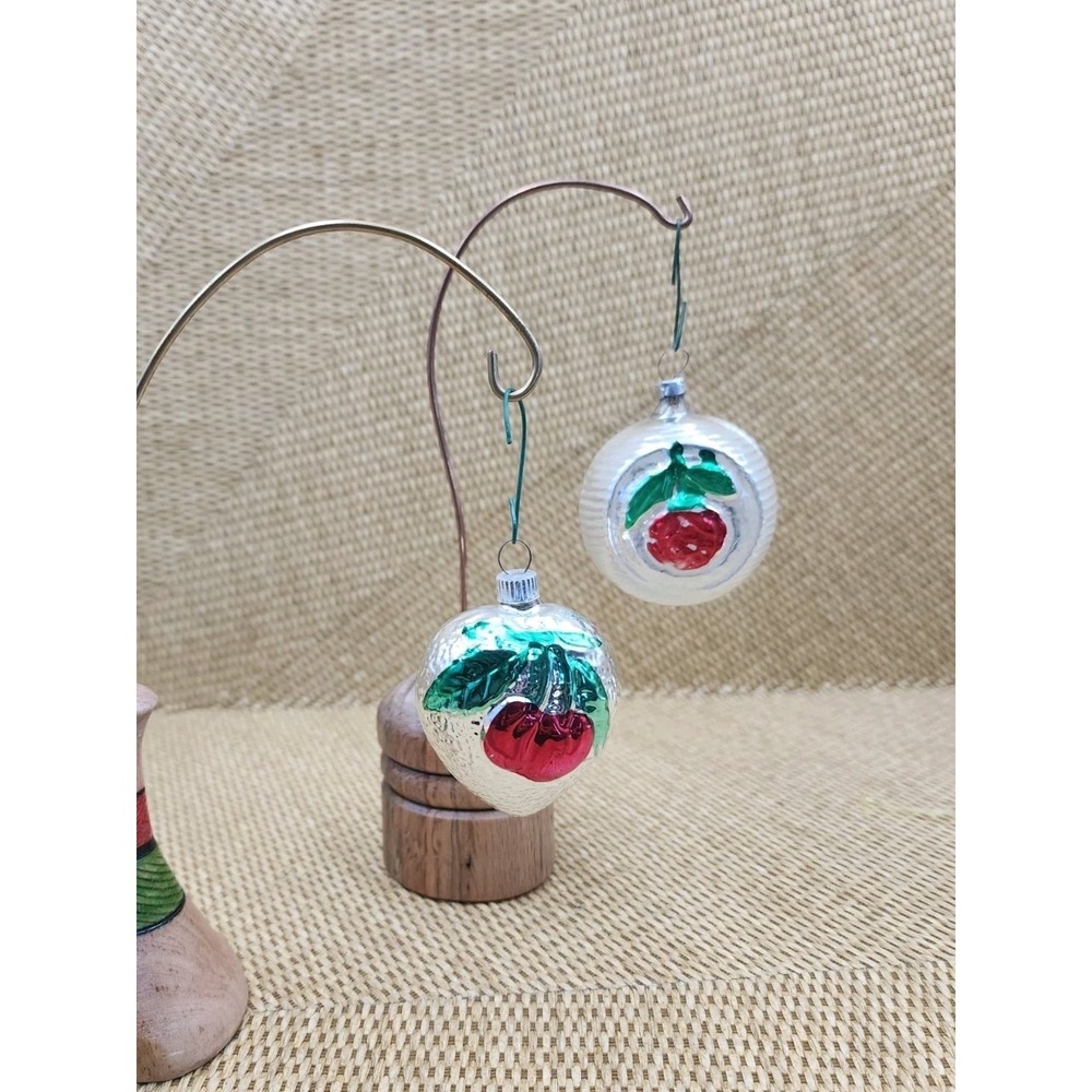 2 Vintage Blown Glass Strawberry Cherry Berry Christmas Tree Ornaments‎ Silver